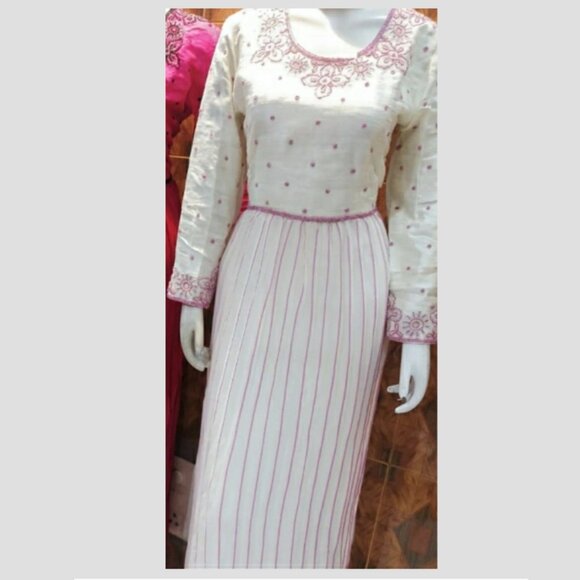 Cream Off White and Pink Anarkali Style Indian Outfit Dress Long Sleeve - Picture 1 of 4